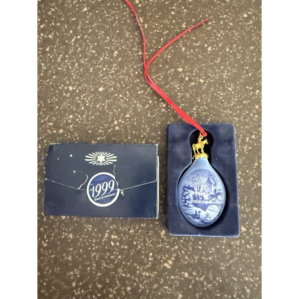 VINTAGE 1999 ROYAL COPENHAGEN DENMARK SLEIGH RIDE CHRISTMAS DROP ORNAMENT IN BOX